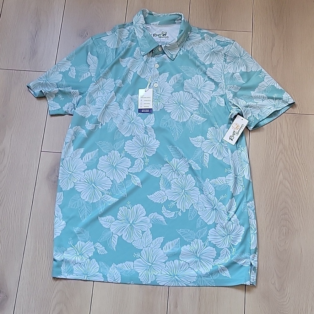 NWT REYN SPOONER ALOHA BISCUS PERFORMANCE POLO - AQUA S